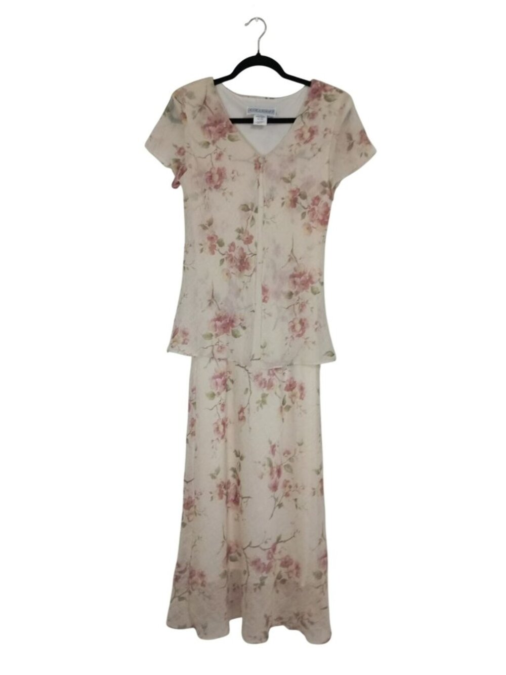 Jessica Howard Floral Print Dress Short Sleeve Size 10 Beige Pink Maxi